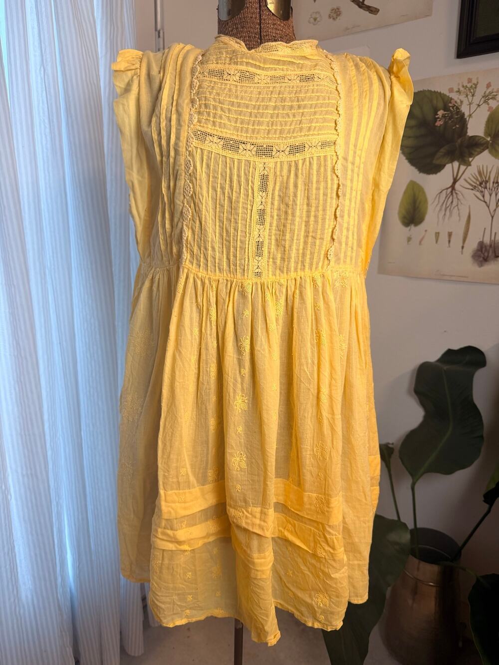 Free People Yellow Lace Pintuck Embroidered Boho Mini Dress Large